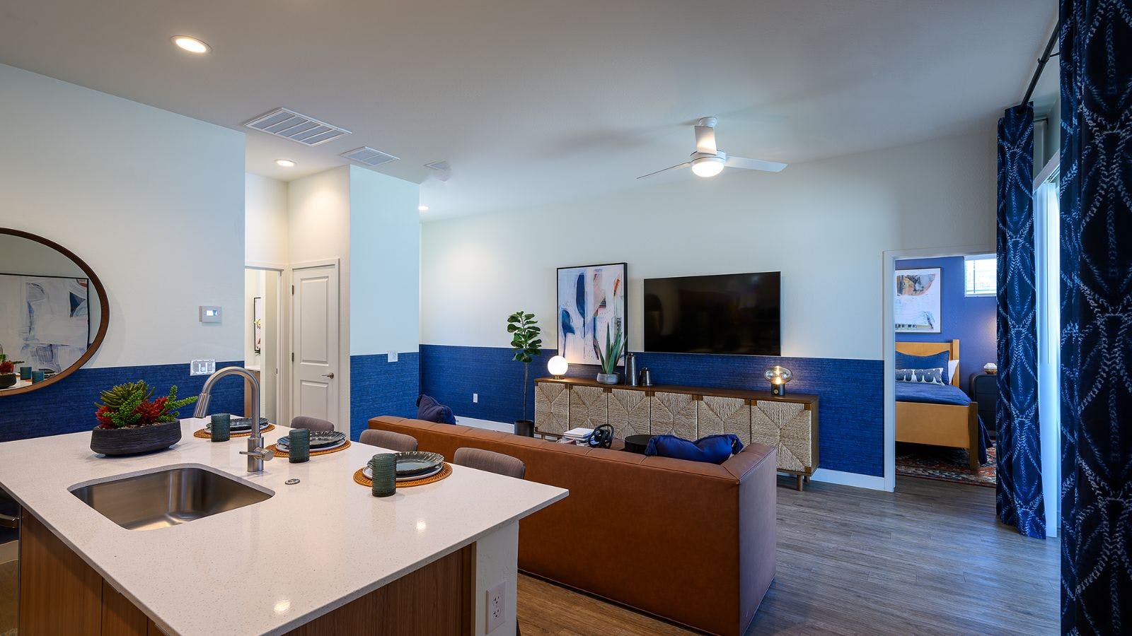 Spacious Living Room with Kitchen Island