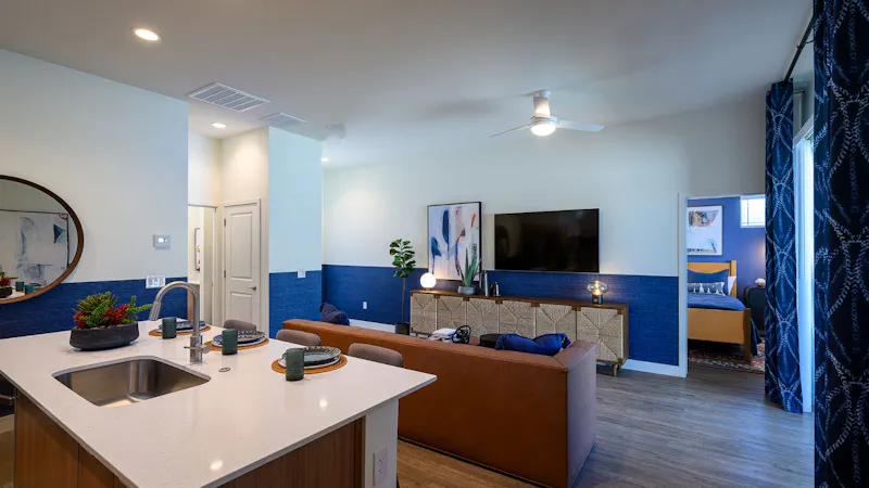 Spacious Living Room with Kitchen Island