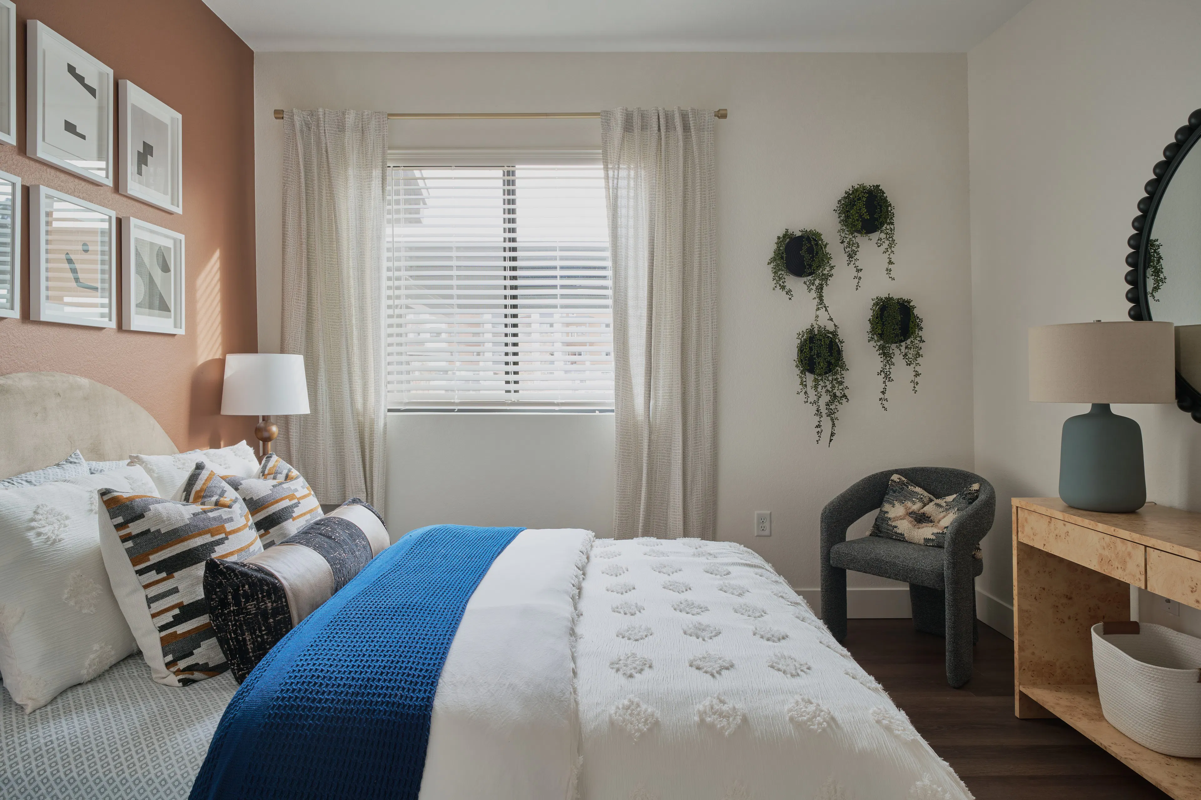 Cozy bedroom with modern décor and window light